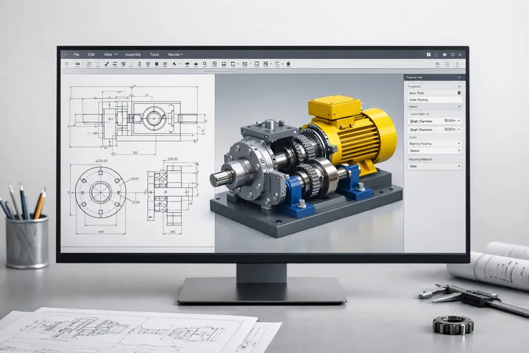 Mühendislerin karmaşık makine bileşenlerini analiz ettiği teknik çizim ve parametrik modelleme çalışma alanı