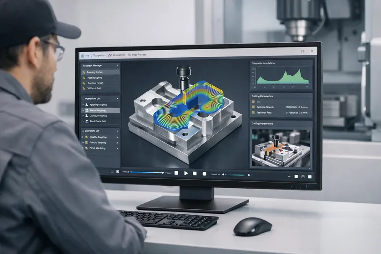 Bilgisayar ekranında CNC frezeleme operasyonu için hesaplanan takım yolu stratejileri ve kesme parametrelerinin analiz edildiği mühendislik ortamı