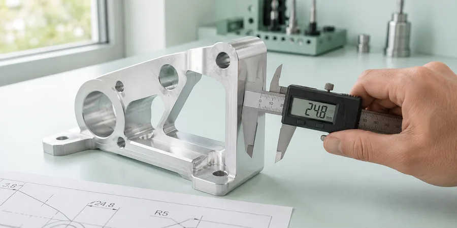 CNC freze tezgahında işlenmiş alüminyum parça ve kontrol için dijital kumpas ile ölçü alan mühendis eli