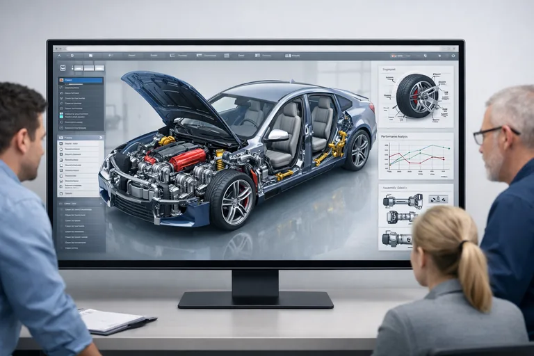 Otomotiv mühendislerinin araç gövdesi ve mekanik bileşenleri içeren detaylı dijital montaj modeli üzerinde çalışma yaptığı modern tasarım stüdyosu