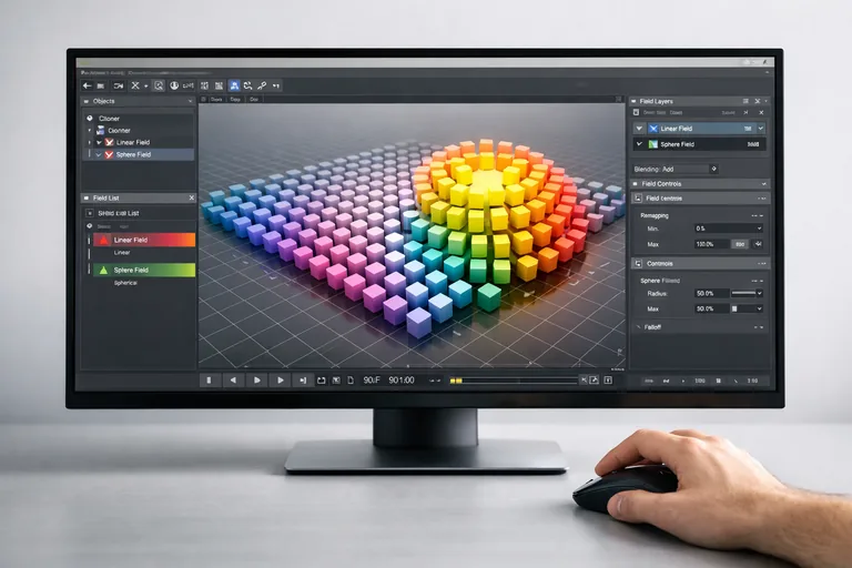 Fields katmanlarıyla etki alanı karıştırılan bir MoGraph düzeninde lineer ve küresel geçişlerin birlikte kullanımı