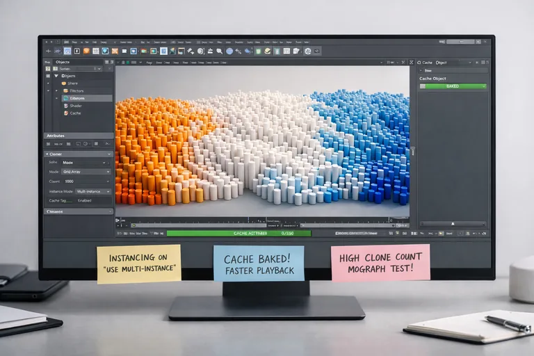 Yüksek klon sayılı bir MoGraph sahnesinde instancing ve cache ayarlarıyla hızlanan viewport çalışma düzeni