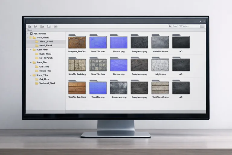 Düzenli klasör yapısında kanal suffix’leriyle isimlendirilmiş PBR doku dosyaları ve varlık paketleme düzeni
