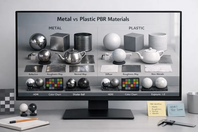 Nötr HDRI altında metal ve plastik materyallerin karşılaştırıldığı, kanal değerlerinin yan yana izlendiği test sahnesi