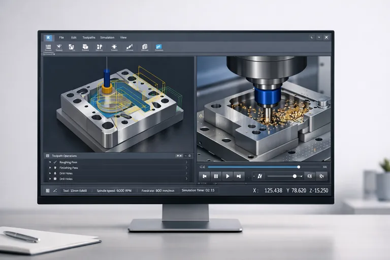 Bilgisayar destekli üretim yazılımında üç boyutlu metal parçanın takım yolları ve kesme stratejilerinin analiz edildiği çalışma ortamı