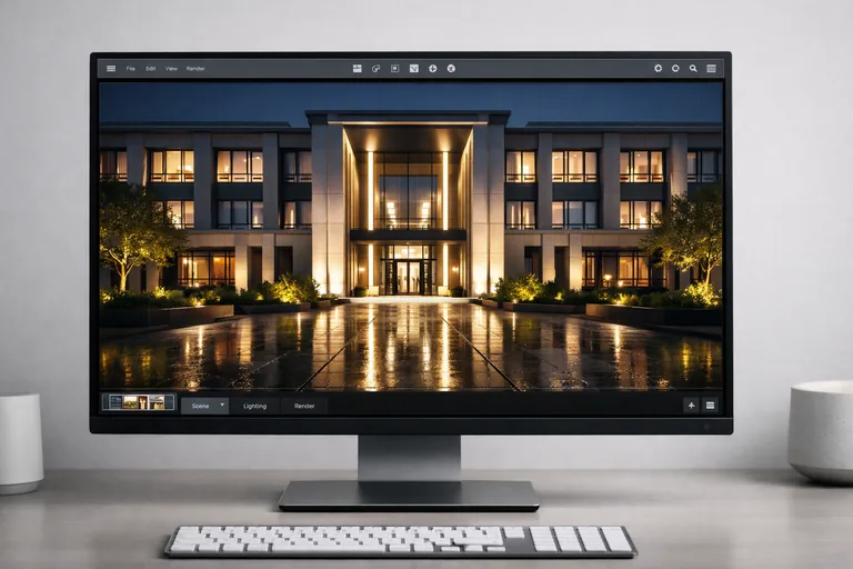 Gece senaryosunda giriş aksının ışıkla vurgulandığı ve cephe ritminin okunur kaldığı bir dış mekân anlatımı