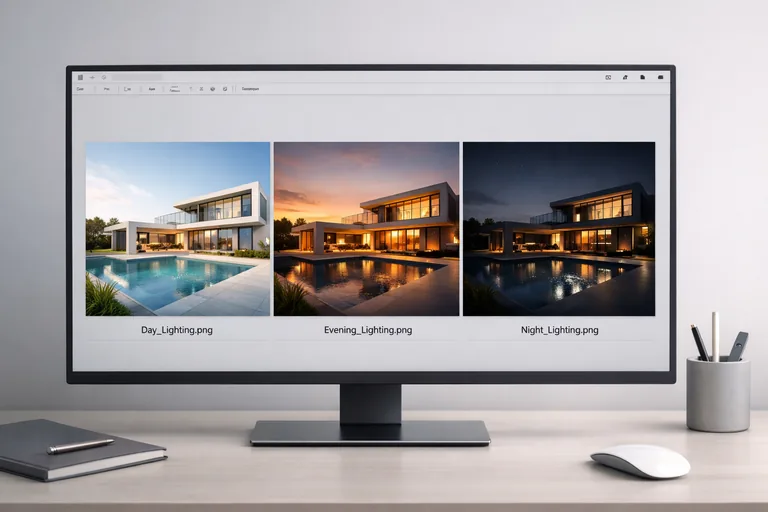 Enscape’te aynı kameranın üç ışık senaryosuyla yan yana dizildiği bir teslim düzeni ve dosya adlandırma şeması