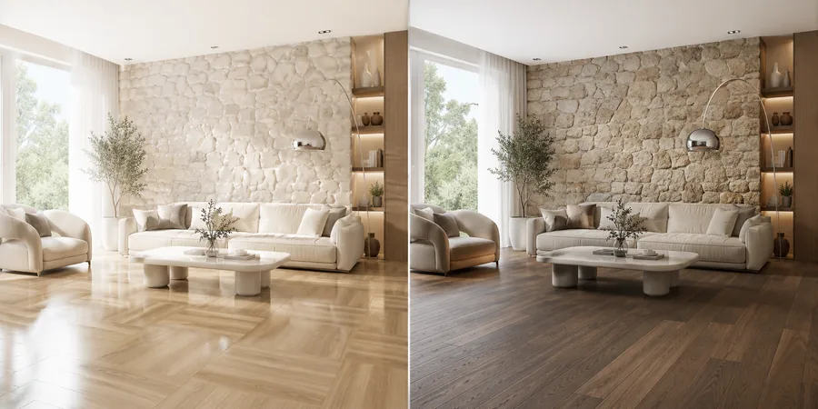 Standart k&uuml;t&uuml;phane uygulanmış ile uygulanmamış aynı i&ccedil; mekan render karşılaştırması