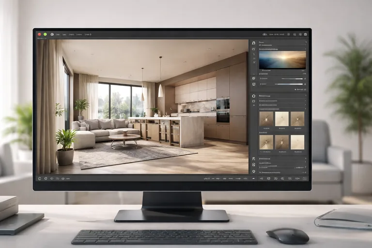 Bir mimarın bilgisayarında bina iç mekân modelini dolaşarak ışık ve materyal ayarlarını anlık olarak değerlendirdiği çalışma ortamı