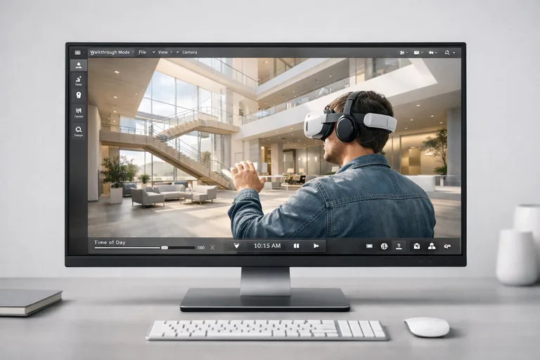 Sanal gerçeklik gözlüğüyle mimari projenin içinde yürüyüş yapan kullanıcı ve büyük bir bina tasarımının etkileşimli deneyimi