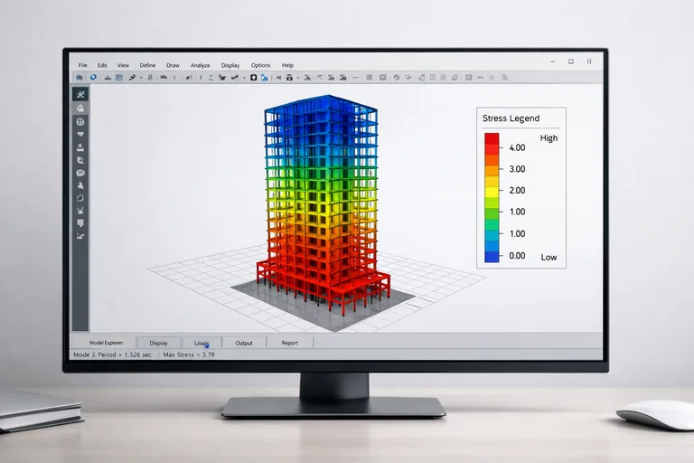 çok katlı bina taşıyıcı sisteminin renkli gerilme dağılımı ve kolon kiriş elemanlarının mühendislik analiz sonucunda ekranda gösterilmesi