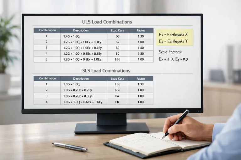 Yük kombinasyon setlerinin ULS ve SLS olarak ayrıldığı, deprem yönlerinin kapsandığı düzenli bir kontrol tablosu
