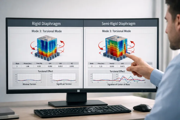 Rijit ve yarı rijit diyafram senaryolarında mod şekillerinin ve burulma davranışının karşılaştırıldığı iki ekran görüntüsü