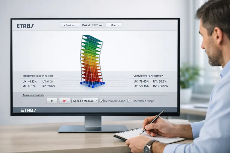 Mod şekli animasyonunun yanında periyot, kütle katılımı ve birikimli katılım değerlerinin aynı panelde izlendiği çalışma ekranı