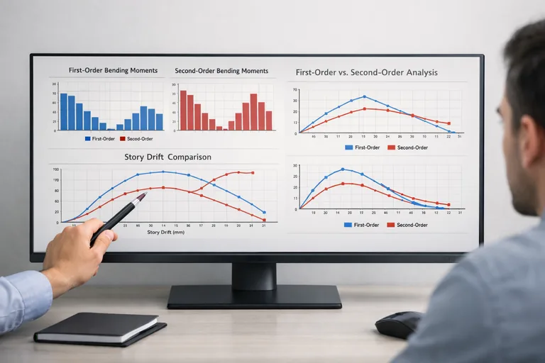 Birinci ve ikinci mertebe analiz sonuçlarının moment ve kat ötelenmesi açısından karşılaştırıldığı grafik ekranı