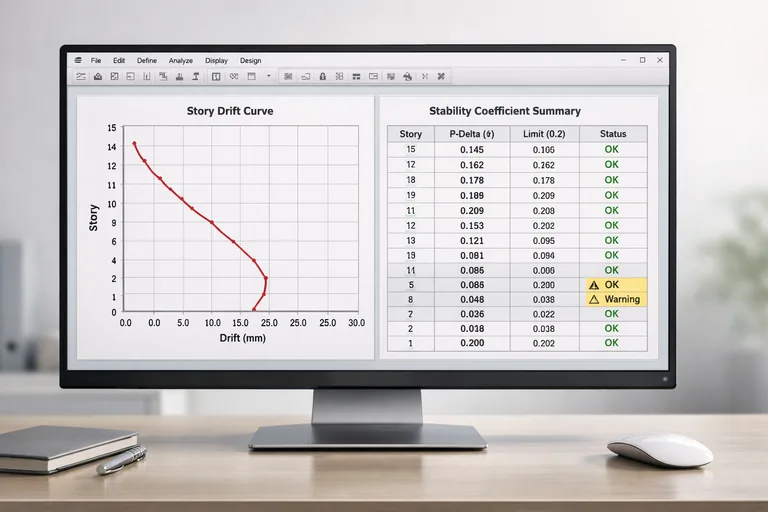 İkinci mertebe analiz sonrası kat ötelenmesi grafiği ve stabilite katsayısının birlikte incelendiği teknik ekran