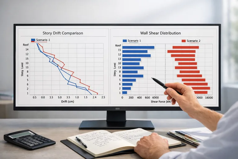 Kat ötelemesi eğrileri ve perde kesme paylaşımının senaryolar arasında karşılaştırıldığı bir mühendislik değerlendirme ekranı