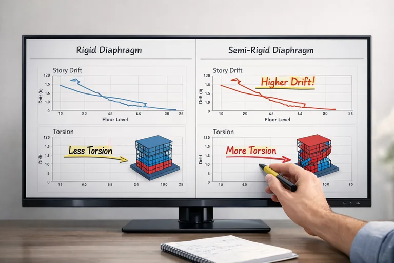 Rijit ve yarı rijit diyafram senaryolarında kat ötelemesi eğrilerinin ve burulma trendinin yan yana karşılaştırılması