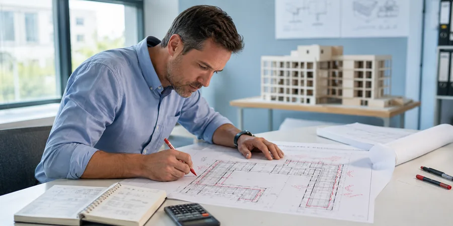 Yapı mühendisi ETABS plan görünümünde diyafram atamasını kontrol ediyor masa üzerinde yapı projesi