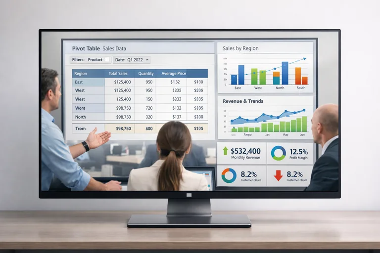Bir ekip toplantısında büyük ekranda grafikler ve pivot tablolar üzerinden satış verilerinin analiz edildiği çalışma ortamı