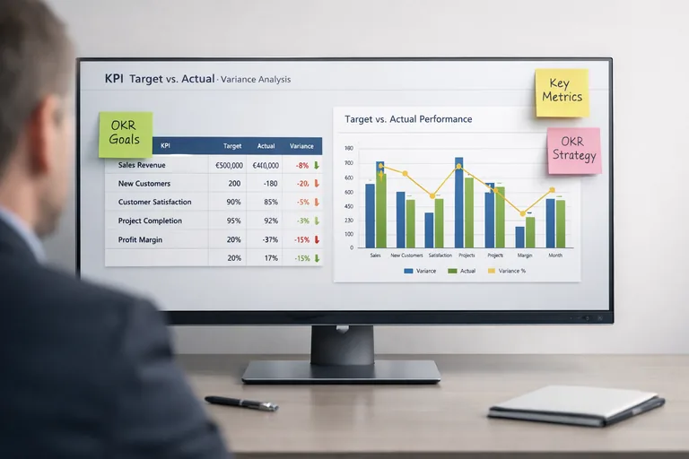 Ekip bazlı KPI tablosu ve yanında hedef sapması sütunlarıyla yöneticinin karar aldığı pano düzeni