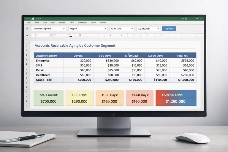 Müşteri segmentine göre aging bucket dağılımını gösteren pivot tablo ve üstte filtre alanları
