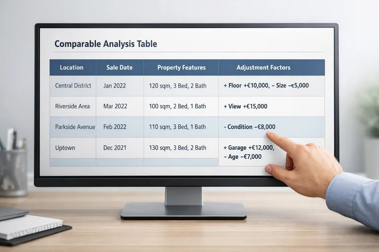 Emsal karşılaştırma tablosunda konum, tarih ve nitelik sütunları ile düzeltme katsayılarının birlikte değerlendirilmesi
