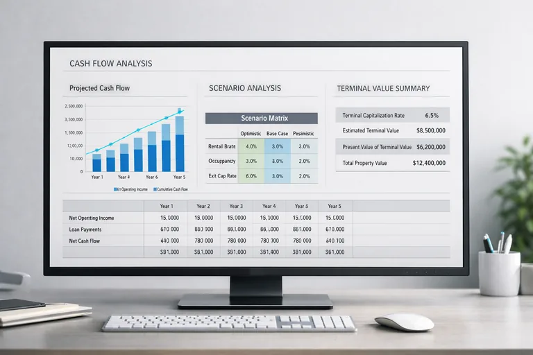 Nakit akışı grafiği, senaryo tablosu ve terminal değer özetini içeren değerleme raporu sayfa düzeni