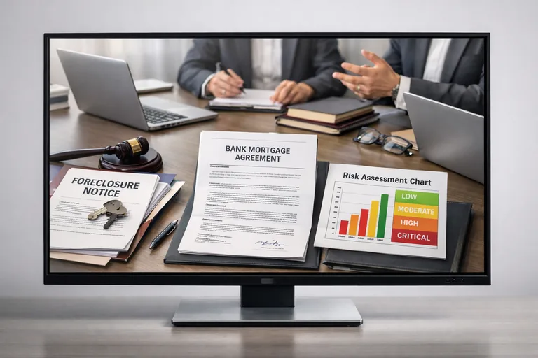 Toplantı masasında risk sınıflandırma tablosu, icra dosyası çıktısı ve banka ipotek yazısının birlikte incelenmesi