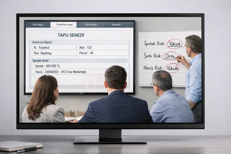 Ekip çalışmasında tapu kaydı projeksiyonda incelenirken risk seviyelerinin tabloya yazılması