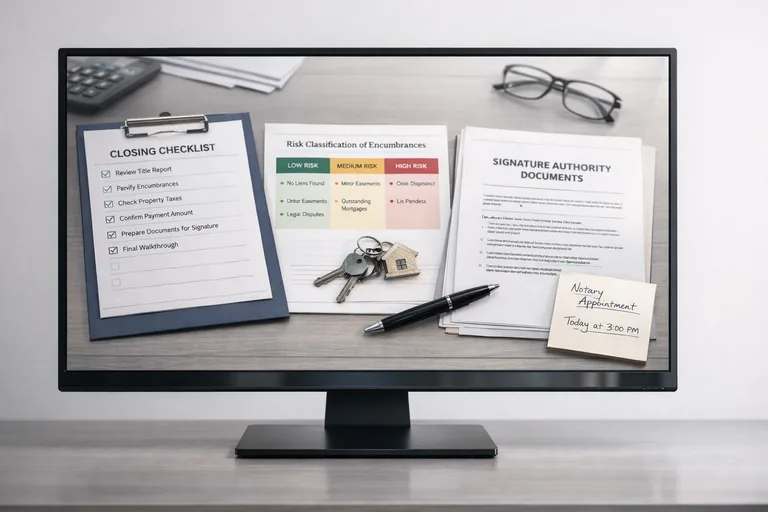 Toplantı masasında risk sınıflandırma tablosu, kapanış kontrol listesi ve imza yetkisi evraklarının yan yana incelenmesi