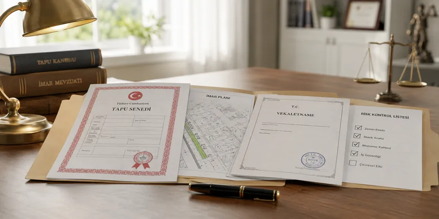 İnceleme raporu klasöründe tapu çıktısı imar belgesi vekaletname ve risk listesinin yan yana dizilmesi
