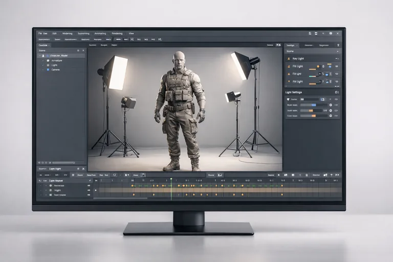 üç boyutlu modelleme yazılımında karakter modeli ve sahne ışıklandırmasının düzenlendiği çalışma ekranı