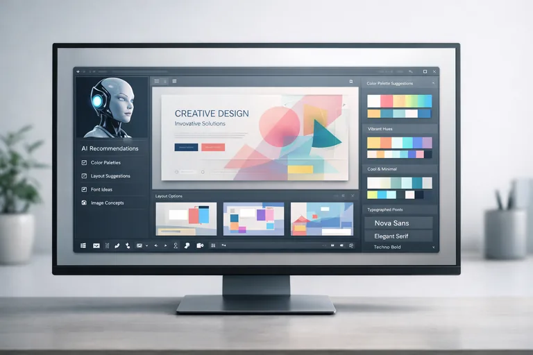 yapay zekâ destekli tasarım araçlarının arayüzünde otomatik renk ve kompozisyon önerileri gösteren modern yazılım ekranı