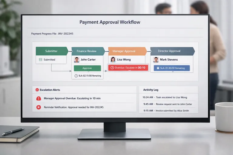 Rol tabanlı onay adımlarının SLA süreleriyle birlikte tek ekranda izlenmesi ve gecikme eskalasyonlarının görünmesi