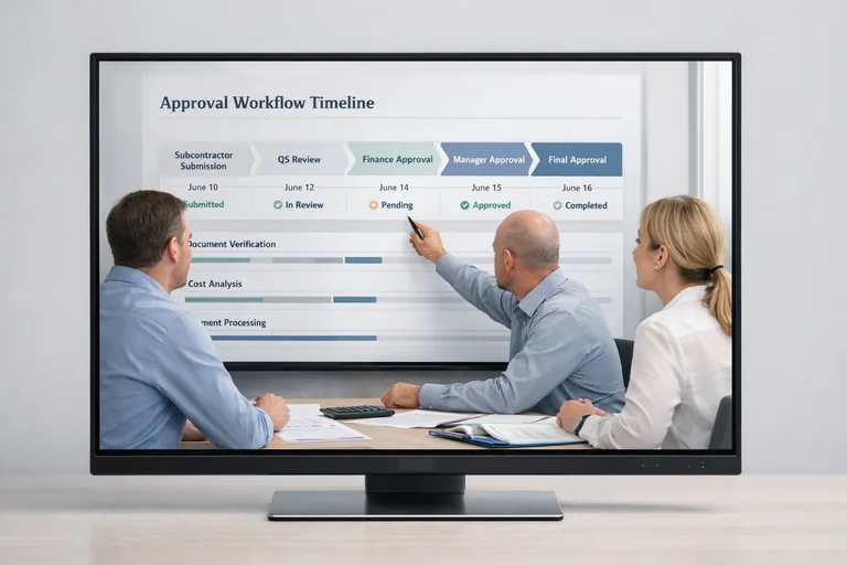 Onay akışında saha kontrolü, QS inceleme ve finans uygunluk adımlarının zaman çizelgesinde görünmesi