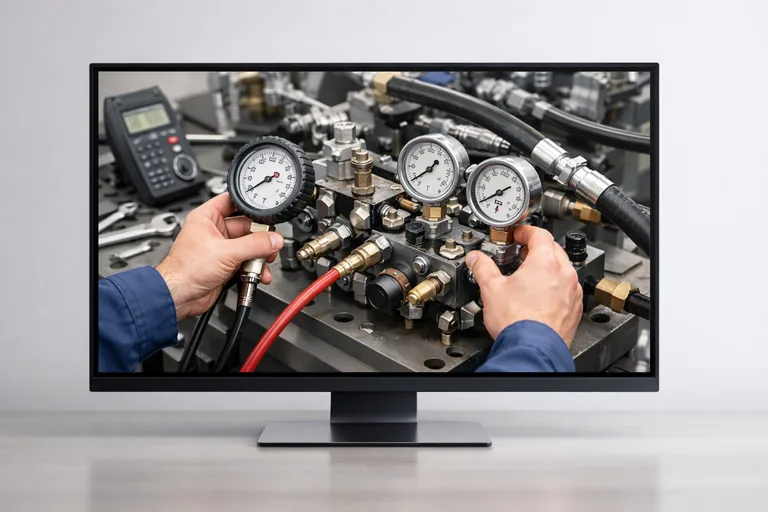 Teknisyenin endüstriyel hidrolik valf bloğunda basınç ölçer ile sistem performansını kontrol ettiği bakım işlemi