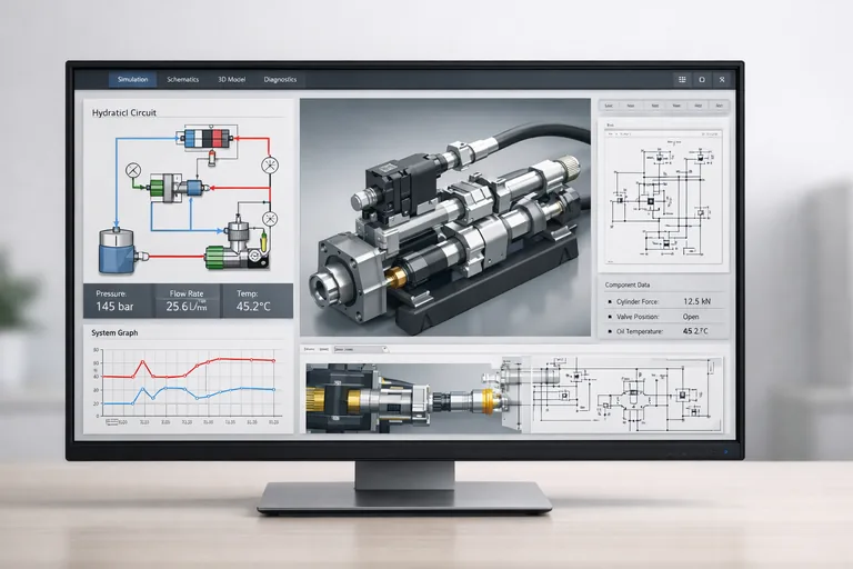 Mühendisin bilgisayar ekranında hidrolik devre simülasyonu ve akış analiz sonuçlarını incelediği çalışma ortamı