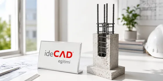 ideCAD logosu yanında betonarme kolon donatı maketi sade aydınlık mühendislik masasında doğal ışıkla