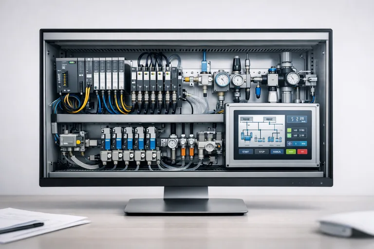 PLC kontrol paneli ile çalışan valf kontrol sistemi ve sensör bağlantıları bulunan otomasyon kurulumu
