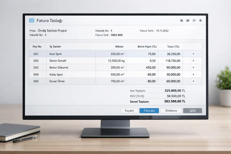 Metraj satırlarının poz kodlarıyla ERP fatura taslağına aktarıldığı kontrol ekranı örneği