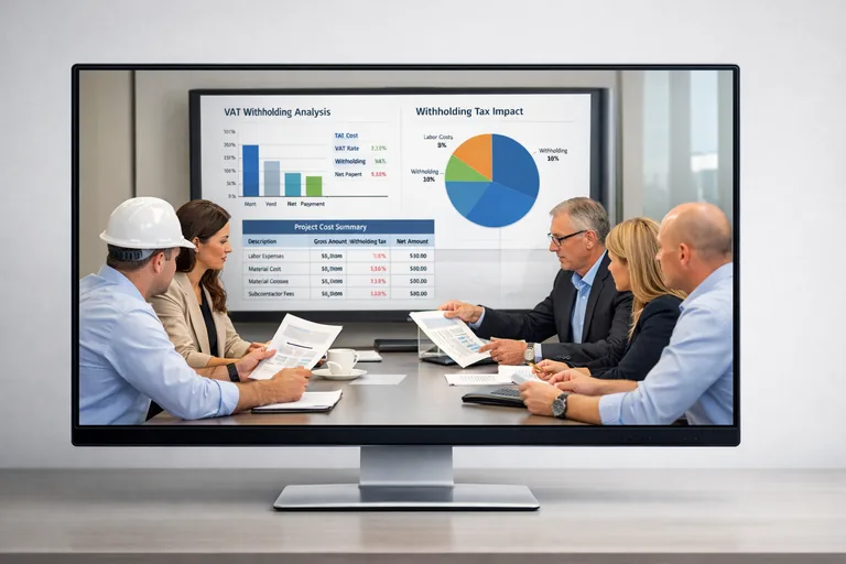 Proje bazlı maliyet raporunda tevkifatlı KDV ve stopaj kesintilerini karşılaştıran yönetici toplantısı