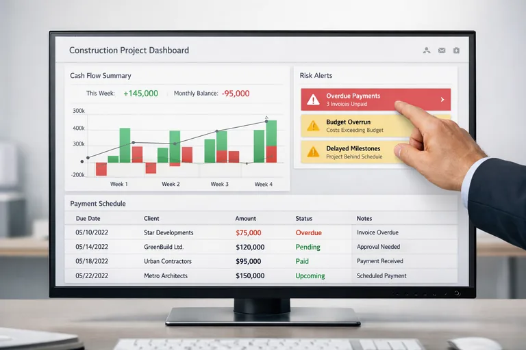 Haftalara bölünmüş tahsilat ve ödeme kalemlerinin, risk uyarılarıyla birlikte yönetim panelinde görünmesi
