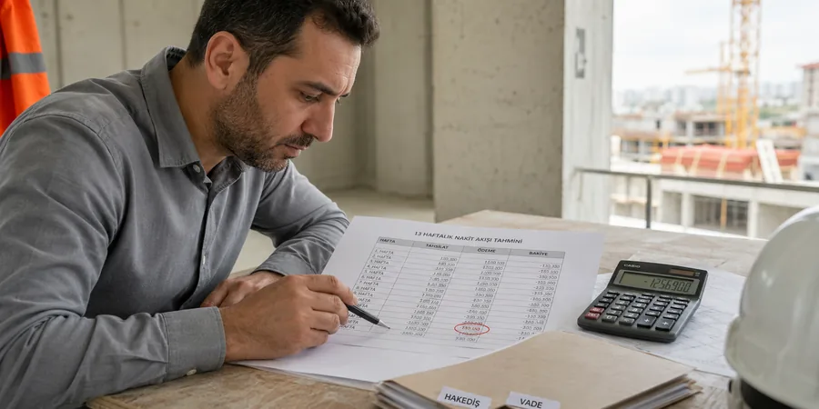 Şantiye ofisinde 13 haftalık nakit akış tahmininde kritik hafta işaretli düşük bakiye uyarısı inceleniyor