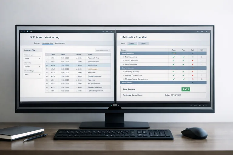 Kalite kontrol listeleri ve sürüm kayıtlarıyla BEP eklerinin yönetilmesini gösteren çalışma ekranı
