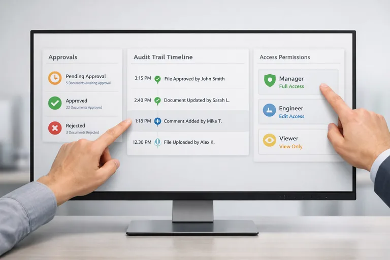 Dosya kodları, statüler ve yetkilerle yönetilen bir proje panosunda denetim izi ve onay akışının izlenmesini anlatan düzen