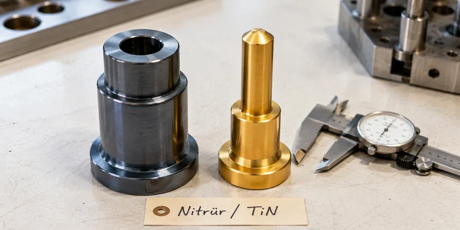 Nitrürleme ile PVD TiN kaplama yüzey işlem karşılaştırması Nitrürlenmiş kalıp çekirdeği ve PVD altın TiN kaplı zımba yakın çekim karşılaştırması