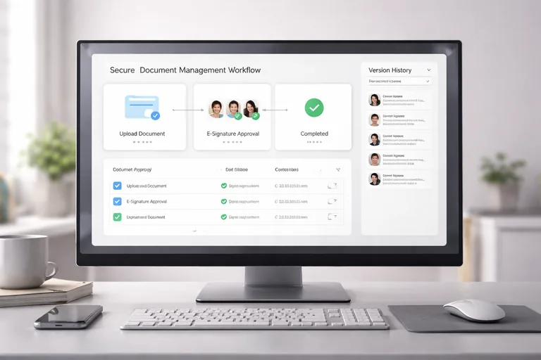 Kurumsal doküman yönetiminde e-imza ve sürüm geçmişi ile açıklama dosyasının arşivlenmesini anlatan ekran düzeni
