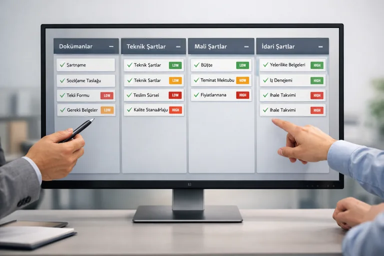 Teknik ve idari şartname maddelerinin risk seviyelerine göre renklendirildiği ortak takip panosu örneği
