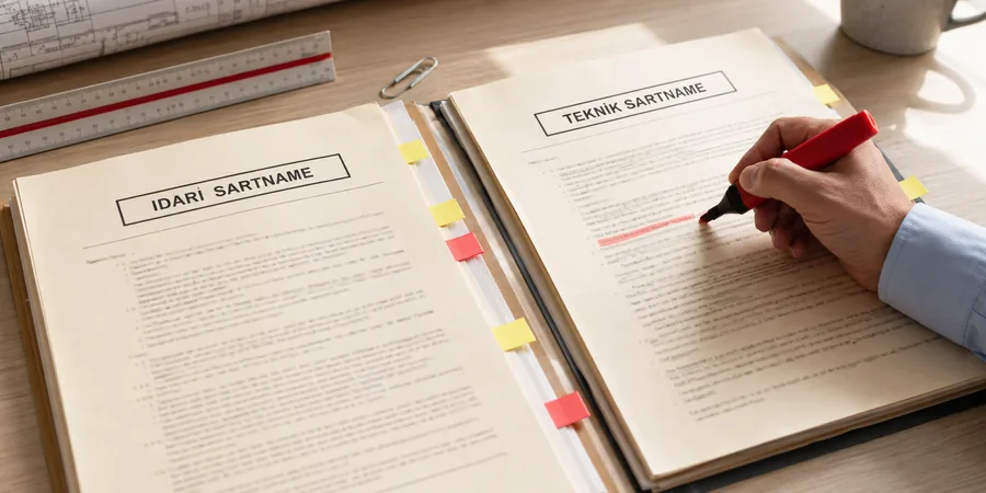 Şartname karşılaştırması ve risk maddesi işaretleme görünümü İdari şartname ve teknik şartname yan yana açılmış sayfalar üzerinde kırmızı kalemle madde işaretleme ve risk notu alma